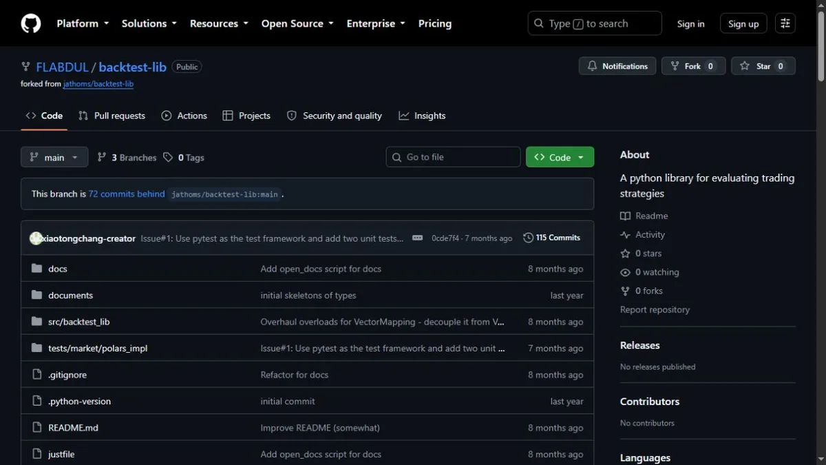 Backtest Library source repository showing its Python package and test suite
