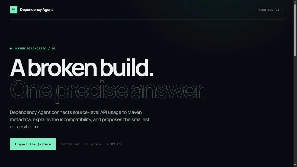 Dependency Agent demo introducing its evidence-led Maven failure analysis