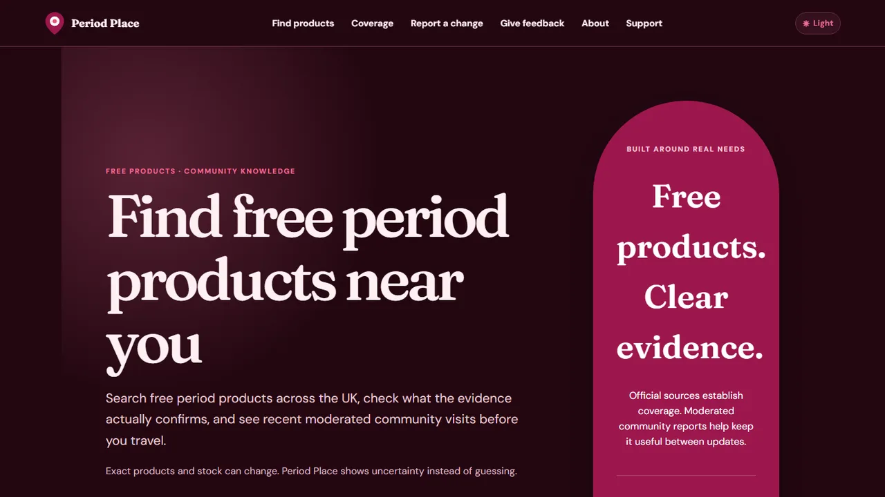 Period Place homepage introducing its UK free period-product finder
