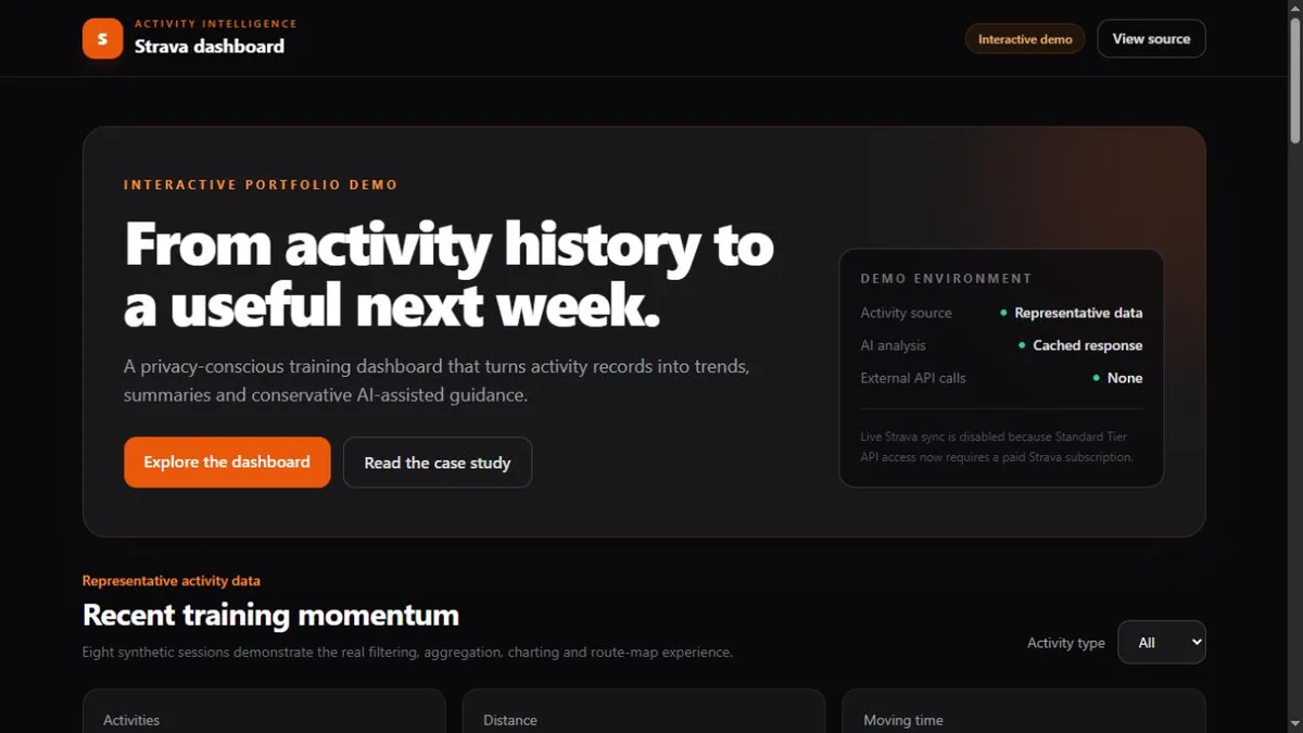 Strava Dashboard demo showing its activity-intelligence overview